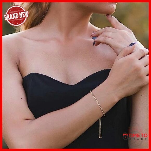 14K Gold Plated Tennis Bracelet Adjustable Bolo Clasp Cubic Zirconia